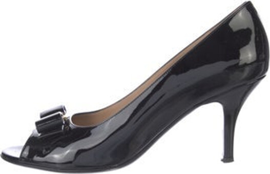 Ferragamo Patent Leather Pumps Black Peep-Toes Includes Box