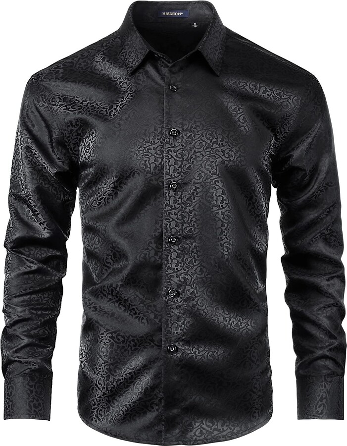 Enlision Black Paisley Shirt for Men Silk Floral Jacquard Satin Dress ...