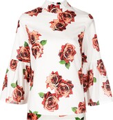 Rose Print Wide-Sleeve Cotton Top 