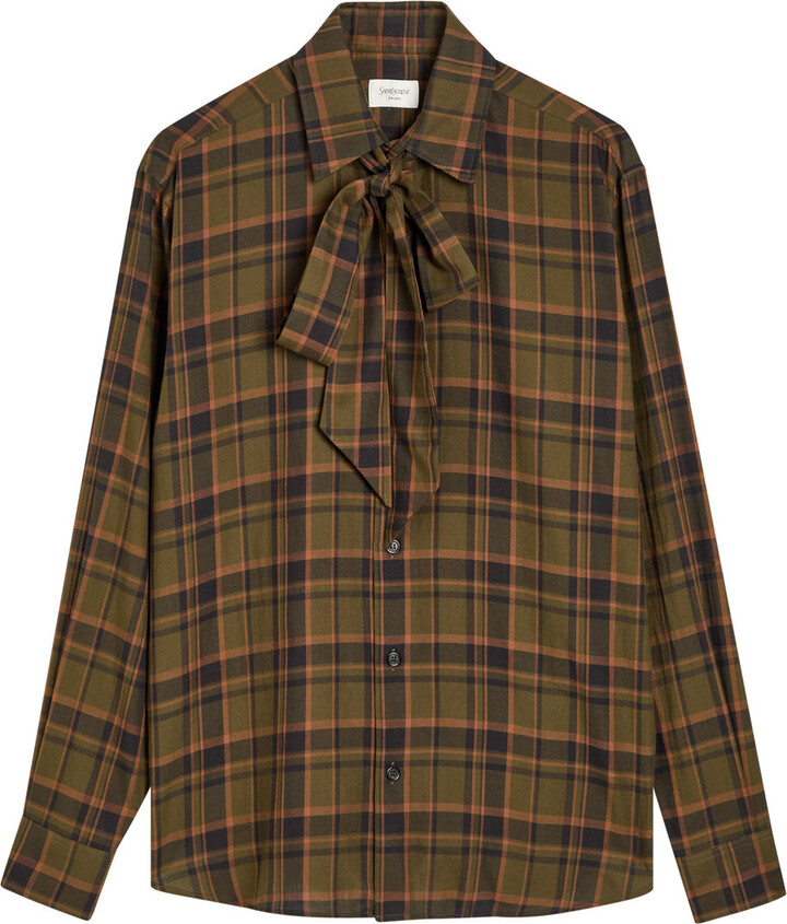 Saint Laurent Checked Tie-neck Cotton Shirt