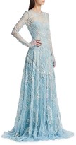 Thumbnail for your product : Naeem Khan Floral Lace Long-Sleeve Sheer A-Line Gown