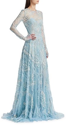 Naeem Khan Floral Lace Long-Sleeve Sheer A-Line Gown