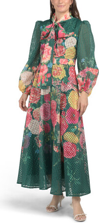 Long Sleeve Tie Neck Floral Maxi Dress for Women | Polyester/Spandex