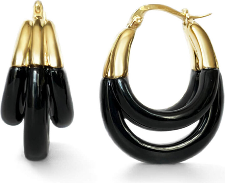 Gold & Honey Gold / Black Triple Hoop Lucite Earrings In Black