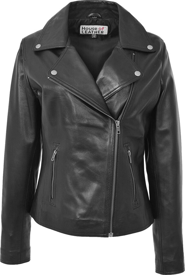 House Of Leather Womens Real Leather Biker Jacket Cross Zip Style Lola (8 ShopStyle