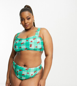 Brave Soul square neck bikini set in green check cherry print