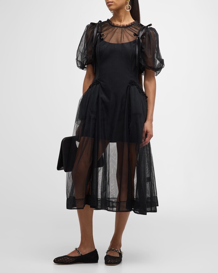 Simone Rocha Puff-Sleeve Bow Ruched Bite-Cutout Tulle Midi