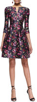 Thumbnail for your product : Oscar de la Renta 3/4-Sleeve Rose-Print Dress