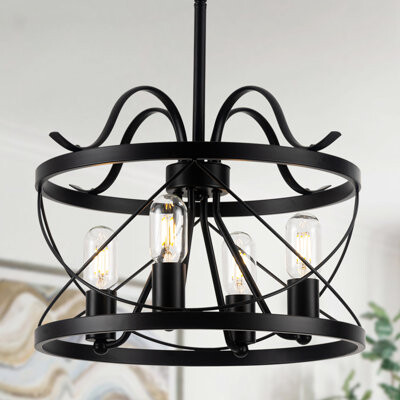 Winston Porter 4 - Light 18 inch Black Dimmable Industrial Modern Geometric Caged Chandelier for Dining Room