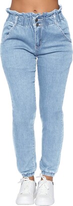 Pofash Women's Denim Jogger Elastic Waist Ankle Cuff Pants Jeans with  Buttons Pockets Khaki Medium - ShopStyle