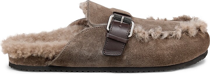 Brunello Cucinelli Women's Shearling-Lined Suede Mules - Brown - Size 6