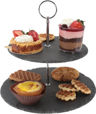 Creative Home Natural Slate 2-Tier Cake Stand Dessert Serving Tray with Non-Slip EVA Padding Bottom