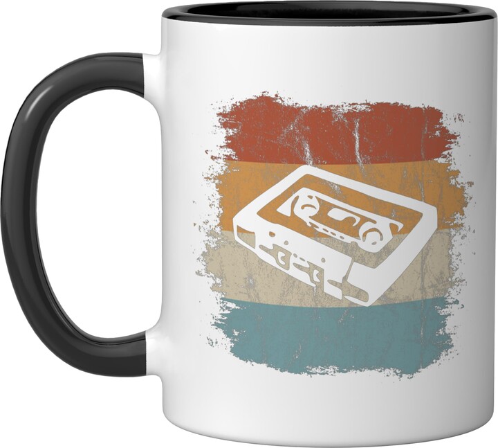 Cool Old School 80s 90s Music Tees Retro Old School Cassette Silhouette Vintage Mix Tape Ceramic Mug, Black/White