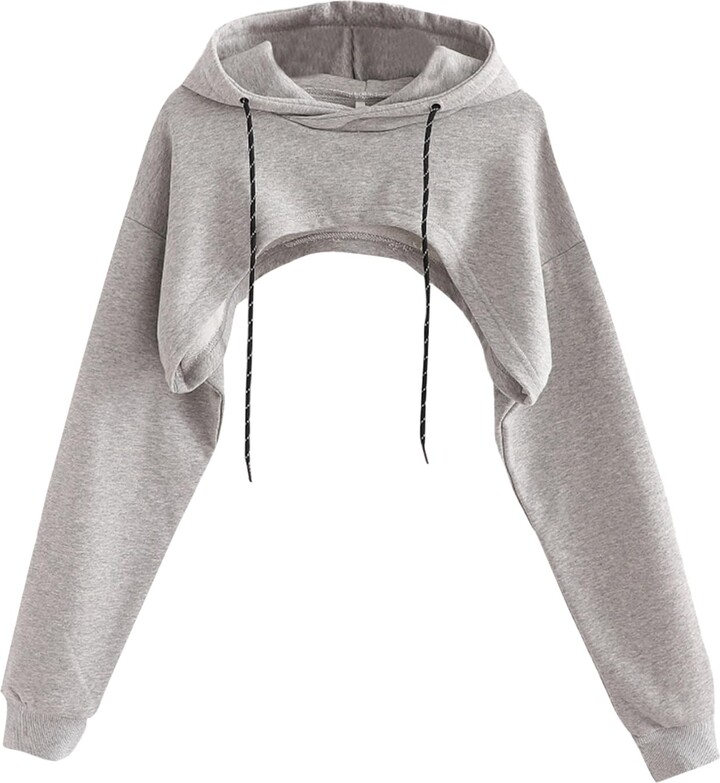 Remidoo Women Super Crop Top Pullover Sweatshirt Long Sleeve Drawstring Cropped Hoodie Gray XX-Large