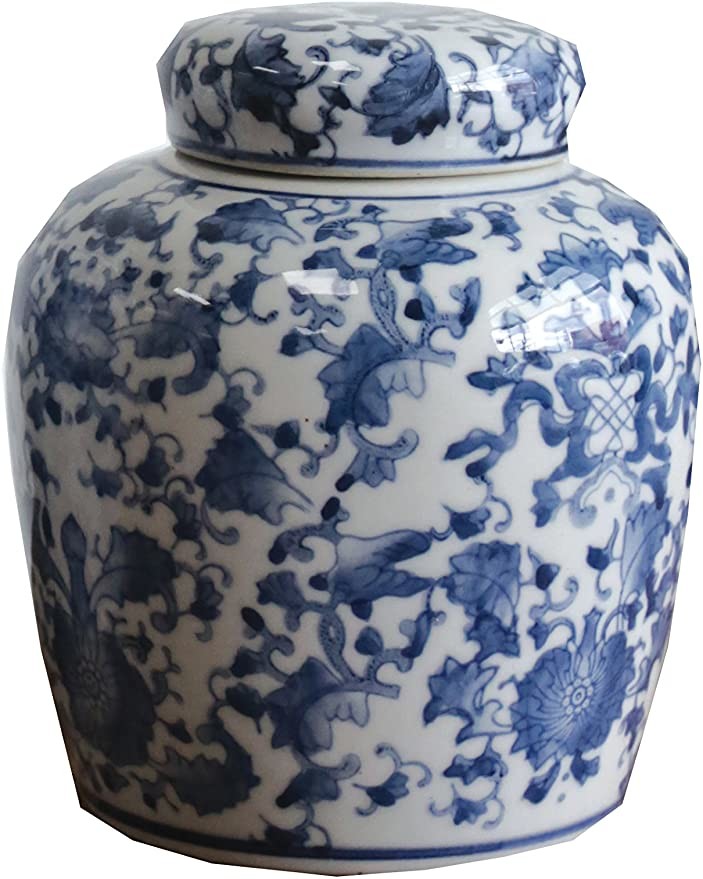 Creative Co-op Blue & White Ceramic Ginger Jar with Lid