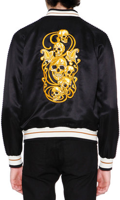 Alexander McQueen Embroidered Skulls Silk Varsity Jacket, Black