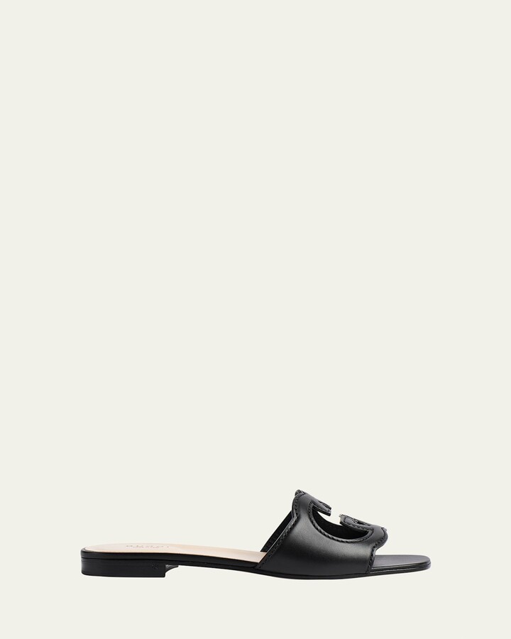 Leather Logo Cutout Flat Sandals