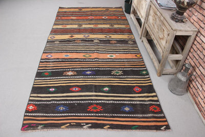 Foundry Select Vintage Turkish Kilim Wool Area Rug With Modern Minimalist Pattern For Dining Room In Vibrant Orange Tones