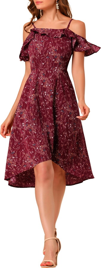 DARING DIVA Floral Spaghetti Straps Ruffled Sleeve Midi Dress S Wine Red