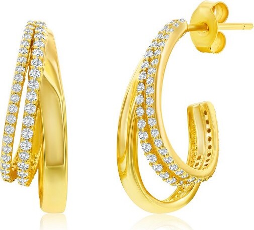 Bella Silver BellaSilverSterlingSilverTripleRowCZ&PolishedHalfHoopEarrings-GoldPlated-Gold