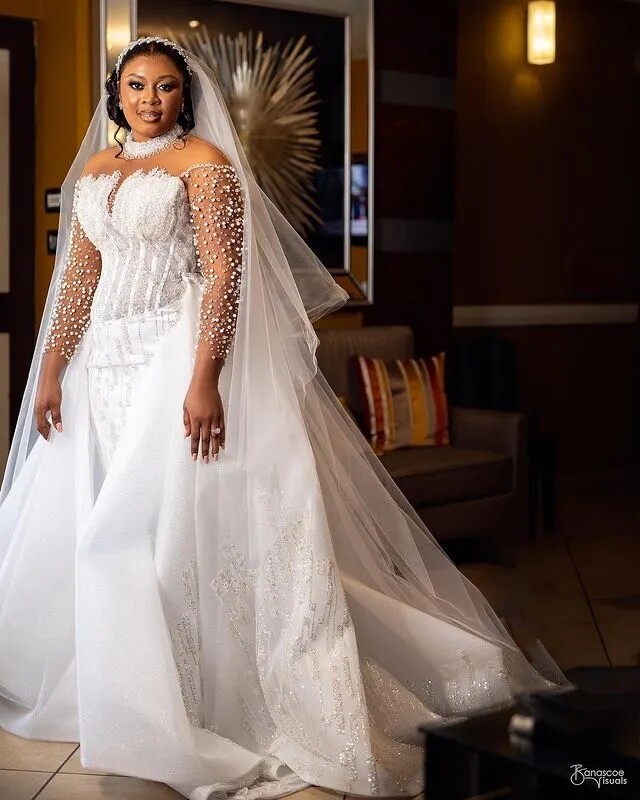 Gendriergarcia Long Sleeves African Wedding Dresses A-line Tulle Appliques Beaded Aso Ebi Women Bridal Wedding Gowns For Black Girls Customized