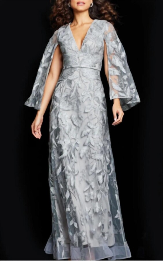 Jovani Cap Sleeve Embroidered Gown In Silver