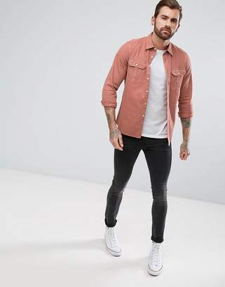 ASOS Regular Fit Laundered Twill Shirt With Double Pocket In Pink