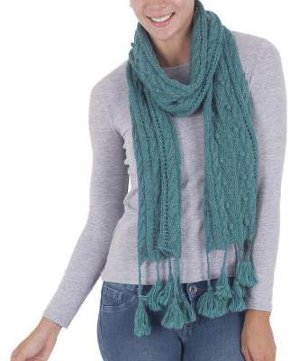 Novica 100% Alpaca Handwoven Scarf with Tassels in Teal from Peru