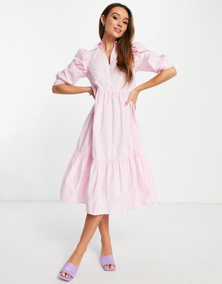 Glamorous midi tiered shirt dress in pastel pink