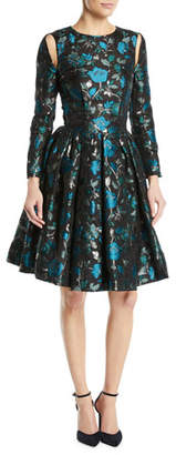 Zac Posen Cutout Long-Sleeve Fit-and-Flare Floral-Jacquard Cocktail Dress