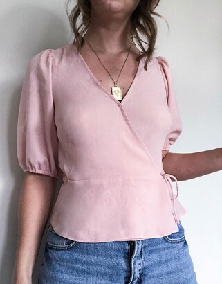 Miss Selfridge puff sleeve wrap front blouse in pink