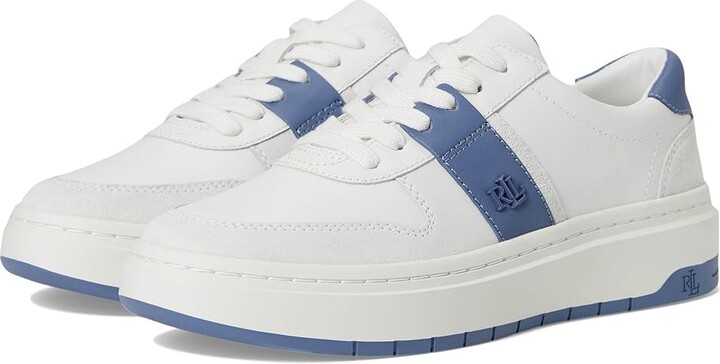 Lauren Ralph Lauren Harlie Color-Blocked Leather Sneakers Women's Shoes Snow White/Bianco/Capri Blue : 10 B - Medium