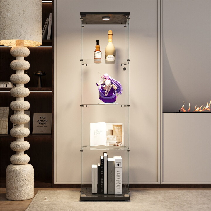 Hommoo Cabinet,LED lights Glass Display Cabinet 4 Shelves with Door, Floor Standing Curio Bookshelf for Living Room,Black