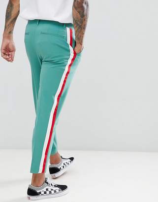 ASOS Design Skinny Crop Smart Trousers In Green With Red & White Side Stripe