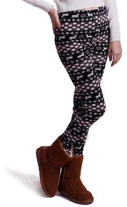 Nordic HDE Women Winter Knit Leggings Fleece Line Design Thermal Insulated Pants (Black White Dots and Reindeer,)
