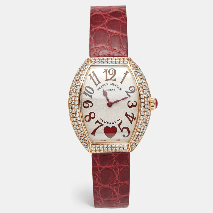 Franck Muller Heart 5002 M QZ Silver Dial 18K Rose Gold Diamond Alligator Leather Women's Wristwatch 34.50 mm