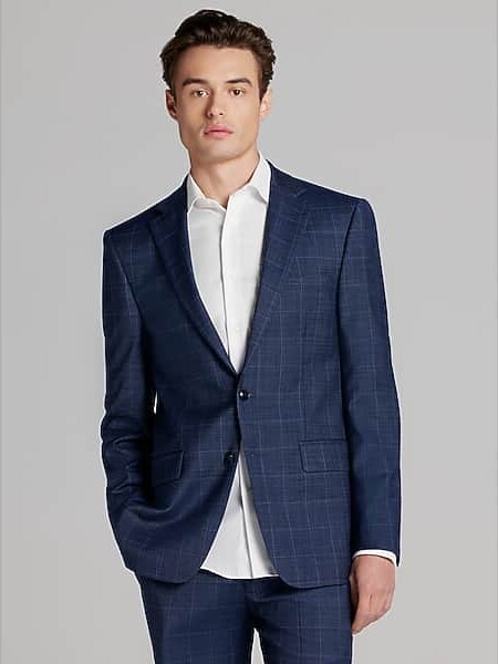 Calvin Klein Big & Tall Slim Fit Wool Blend Windowpane Men's Suit Navy Plaid