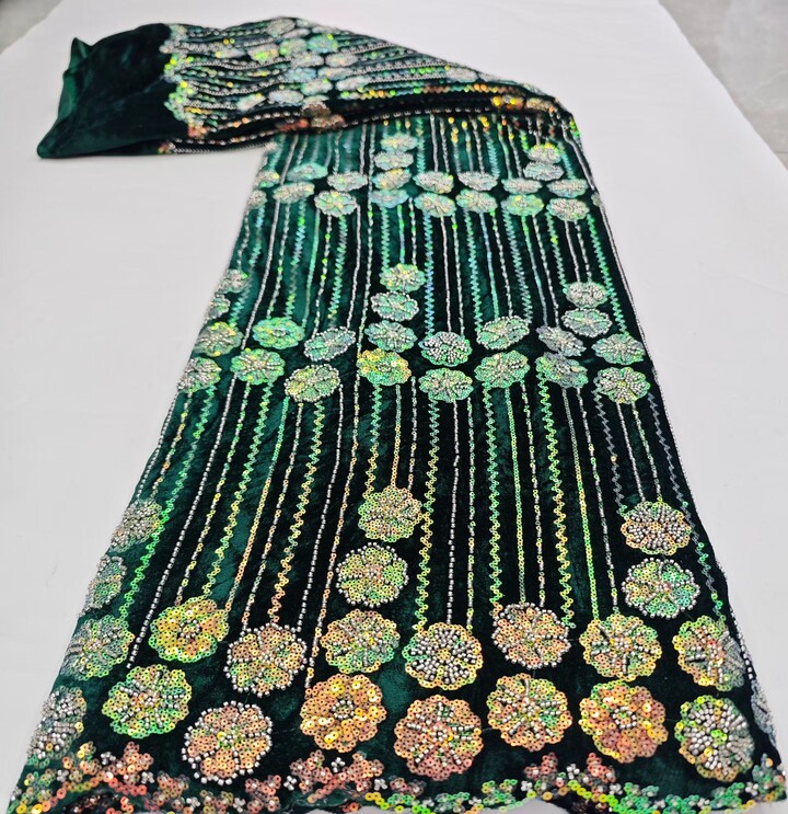 None 2025 High Quality Dark Green Velvet African French Lace Fabric With Sequins Nigerian Tulle Lace Fabric For Women Dress KHD25171