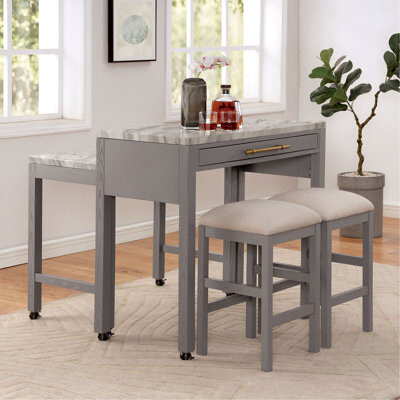 August Grove Rustic Dining Set Counter Height Dining Table W Storage Drawer Faux Marble Top Stools Light Gray Dining Room Furniture