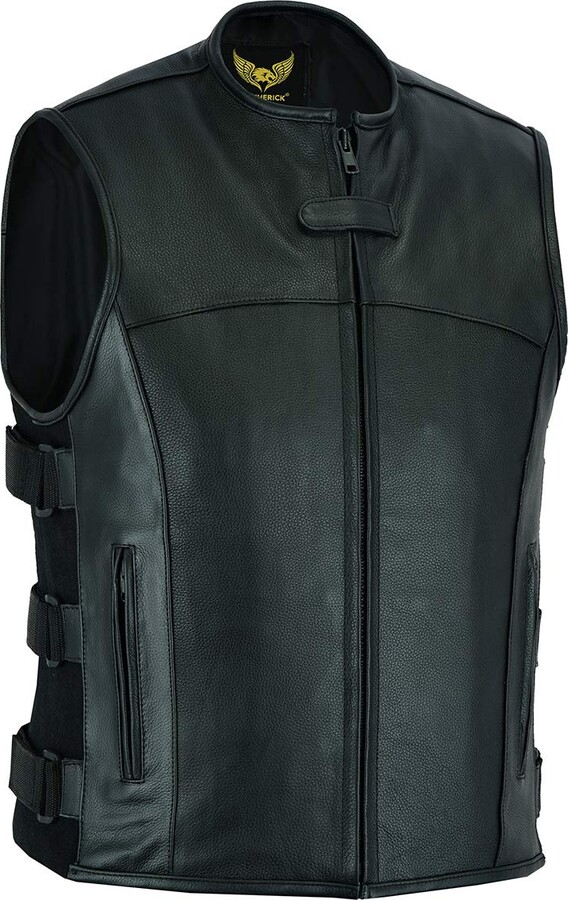 Mens Motorcycle Collarless Paisley Liner Bandana White Liner Leather Vest SOA Style Front Zipper W/Gun Pocket (M