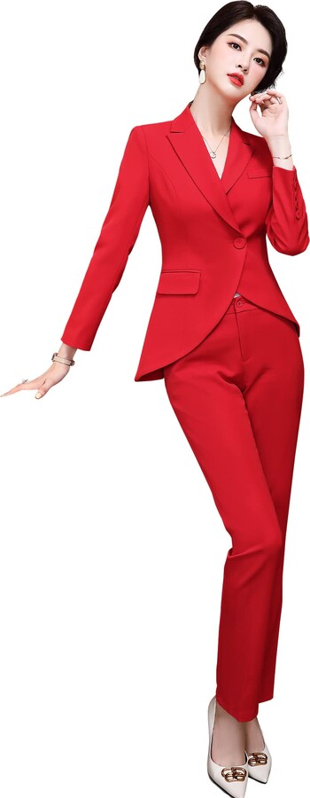 SUSIELADY Womens 2 Pieces Casual Business Suit Set Long Sleeve Blazer and Pants  Set for Work Professional Office Lady Red - ShopStyle