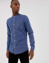 Thumbnail for your product : ASOS Design DESIGN stretch slim denim shirt in mid wash with grandad collar-Blue