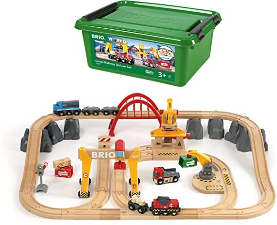 BRIO 33097 Cargo Railway Deluxe Set | 54 Piece Train Toy with Accessories and Wooden Tracks for Kids Age 3 and Up,Multi