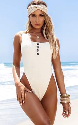 PrettyLittleThing Sand Button Down Crinkle Swimsuit