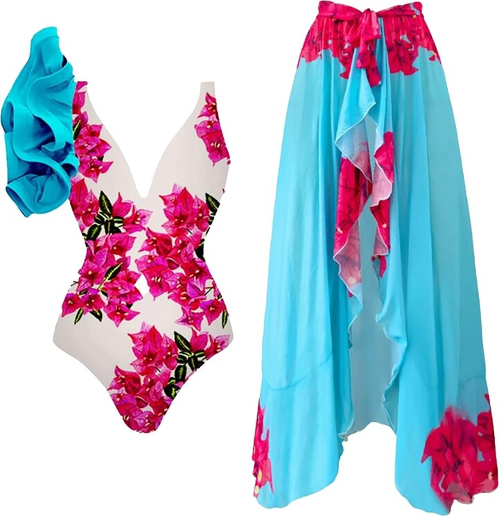 Generic Women 2 Piece Swimsuit V Neck Padded Monokini with Long Wrap Skirts  Sarong Beach Cover up One Piece Beachwear Tummy Control Bikini Sets Floral
