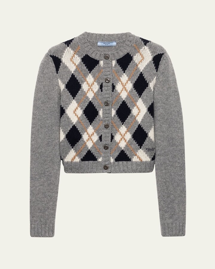 Prada Cashmere Argyle Crewneck Cardigan