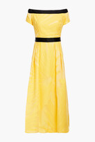 Thumbnail for your product : Amanda Wakeley Bardot off-the-shoulder tie-back fil coupé silk-blend georgette midi dress - Yellow - UK 14