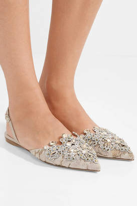 Rene Caovilla Crystal-embellished Lace And Ayers Point-toe Flats - Beige