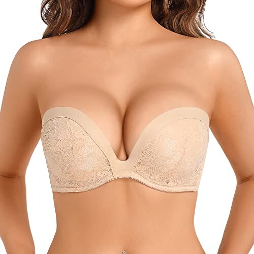Lingesxy Strapless Push Up Convertible Lift AntiSlip Plunge Underwire
