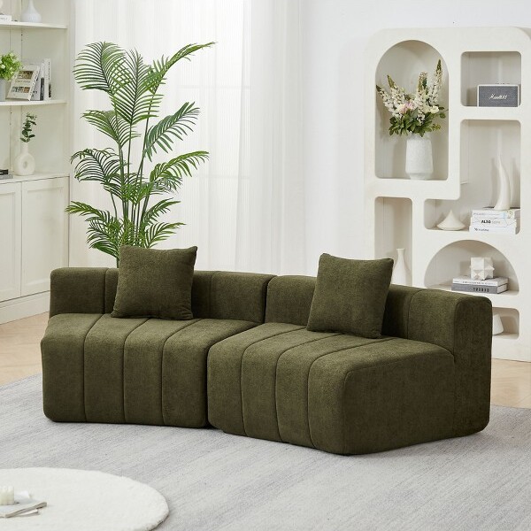 ORRDGreenChenilleCurvedSectionalSofaModularSemi-CircularCloudCouchwithPillowsNoAssemblyRequiredforLivingRoomLoungeOffice